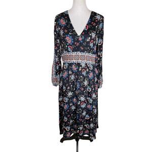 SET Black Colorful Floral Print Long Sleeve V-neck Midi Peasant Dress